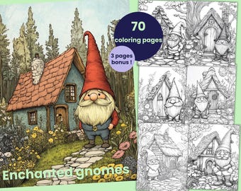70 Enchanted Gnome Coloring Pages, Gnome Coloring Book for Adults and Kids, Printable Coloring Sheets