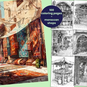 Puede incluir: Una ilustración colorida de una tienda marroquí que vende alfombras y tapetes. La tienda está llena de colores y patrones vibrantes, y las alfombras se exhiben en las paredes y en el suelo. La tienda está ubicada en un callejón estrecho, y hay otras tiendas y edificios en el fondo.