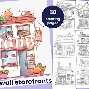 50 Kawaii Shop Window Coloring Pages, Coloring Book for Adults and Kids, Printable Digital Coloring Sheets
