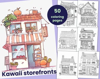 50 Kawaii Shop Window Coloring Pages, Coloring Book for Adults and Kids, Printable Digital Coloring Sheets