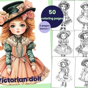 50 Victorian Doll Coloring Pages, Doll Coloring Book for Adults and Kids, Printable Coloring Sheets