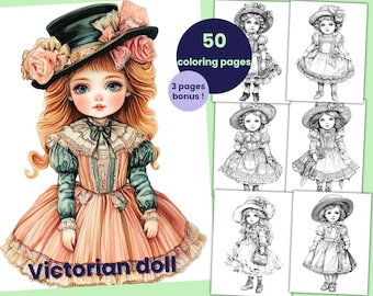 50 pages à colorier de poupées victoriennes, livre de coloriage de poupées pour adultes et enfants, feuilles de coloriage imprimables
