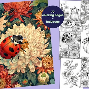 Puede incluir: Primer plano de una mariquita sobre una flor blanca con flores rojas y amarillas en el fondo. La imagen forma parte de un conjunto de 70 páginas para colorear con mariquitas.