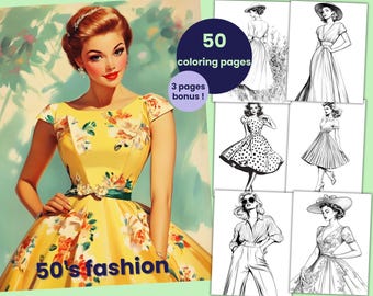 50 pages à colorier de mode des années 50, livre de coloriage de mode vintage pour adultes et enfants, feuilles de coloriage imprimables