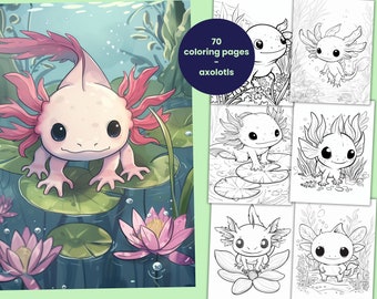 70 lindas páginas para colorear de ajolotes, libro para colorear para niños y adultos, archivo PDF para descarga instantánea