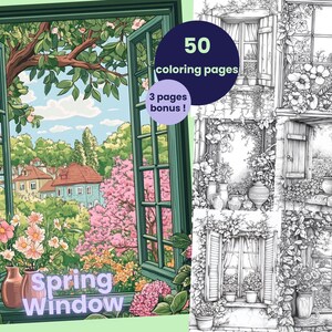 Peut inclure: Un livre de coloriage avec 50 pages et 3 pages bonus représentant une fenêtre avec une vue sur une scène printanière. La fenêtre est ouverte et il y a des fleurs et des arbres à l'extérieur. Le texte "Spring Window" est écrit sous la fenêtre.