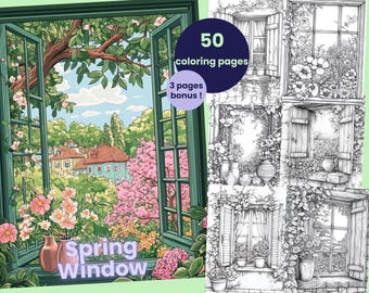 50 pages de coloriage de fenêtre printanière, coloriages imprimables floraux de fenêtre, livre de coloriage de scènes de fleurs printanières