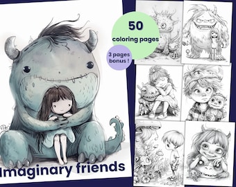 50 Malvorlagen „Imaginärer Freund“, Fantasy-Malbuch für Erwachsene und Kinder, druckbare Malblätter