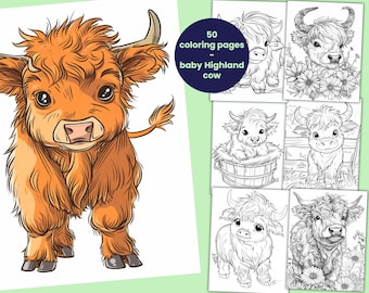 50 lindas páginas para colorear de vacas de las tierras altas, libro para colorear de vacas para niños y adultos, descarga instantánea