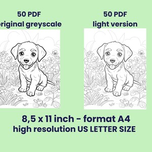 Puede incluir: Un dibujo en blanco y negro de un cachorro sentado en un campo de flores. La imagen mide 8,5 pulgadas por 11 pulgadas y est&aacute; disponible en versi&oacute;n est&aacute;ndar y en versi&oacute;n clara.
