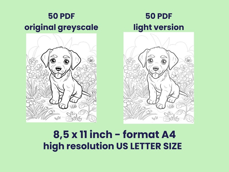 Puede incluir: Un dibujo en blanco y negro de un cachorro sentado en un campo de flores. La imagen mide 8,5 pulgadas por 11 pulgadas y est&aacute; disponible en versi&oacute;n est&aacute;ndar y en versi&oacute;n clara.