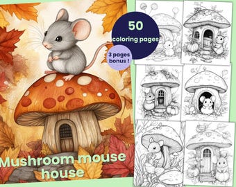 50 pages de coloriage d'une maison champignon de souris, livre de coloriage d'automne pour adultes et enfants, feuilles de coloriage