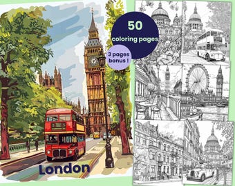 50 pages à colorier de Londres, livre de coloriage de scène de ville et paysage urbain pour adultes et enfants imprimable