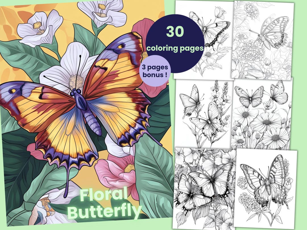 30 Floral Butterfly Coloring Pages, Flower Butterfly Coloring Book for ...