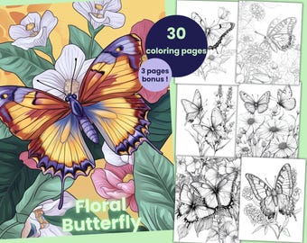 30 Malvorlagen mit Blumenschmetterlingen, Malbuch mit Blumenschmetterlingen für Erwachsene und Kinder, druckbare Malblätter