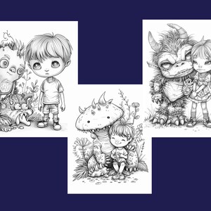May include: Three black and white illustrations of children with their monster friends. The first illustration shows a boy with a monster that looks like a plant. The second illustration shows a boy hugging a monster that looks like a mushroom. The third illustration shows a girl with a furry monster with horns.