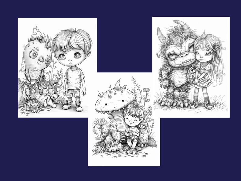 May include: Three black and white illustrations of children with their monster friends. The first illustration shows a boy with a monster that looks like a plant. The second illustration shows a boy hugging a monster that looks like a mushroom. The third illustration shows a girl with a furry monster with horns.