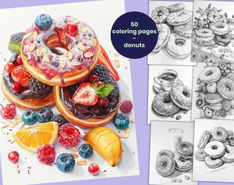 50 pages de coloriages de donuts, coloriage de desserts, livre de coloriage pour adultes et enfants, feuilles de coloriages PDF imprimables