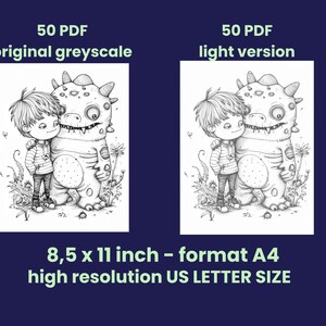 May include: A black and white illustration of a boy and a monster. The boy is wearing a striped shirt and the monster has a large head and a toothy grin. The image is 8.5 x 11 inches and is available in both a light and dark version.