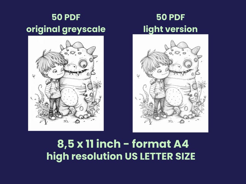 May include: A black and white illustration of a boy and a monster. The boy is wearing a striped shirt and the monster has a large head and a toothy grin. The image is 8.5 x 11 inches and is available in both a light and dark version.