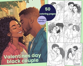 50 pages à colorier d'un couple noir pour la Saint Valentin, livre de coloriage de couple pour adultes, feuilles de coloriage imprimables