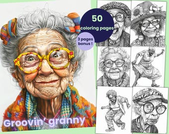 50 pages à colorier de grand-mère groovy, livre de coloriage de grand-mère pour adultes et enfants, feuilles de coloriage imprimables