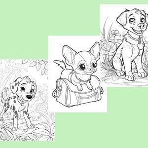 Puede incluir: Ilustraciones en blanco y negro de tres perros. Un cachorro d&aacute;lmata de pie en un &aacute;rea cubierta de hierba, un cachorro chihuahua sentado en una bolsa de viaje y un cachorro labrador sentado en un campo de flores.