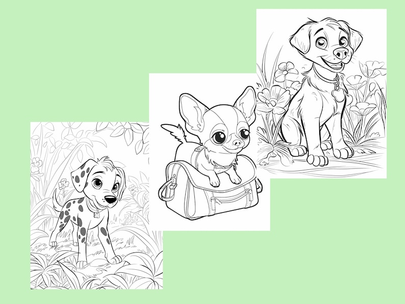 Puede incluir: Ilustraciones en blanco y negro de tres perros. Un cachorro d&aacute;lmata de pie en un &aacute;rea cubierta de hierba, un cachorro chihuahua sentado en una bolsa de viaje y un cachorro labrador sentado en un campo de flores.