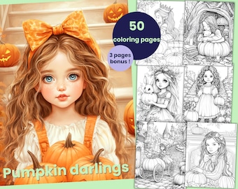 May include: A coloring book with 50 pages and 3 bonus pages featuring illustrations of cute girls with pumpkins. The cover features a girl with orange hair wearing a bow and holding a pumpkin. The title of the book is "Pumpkin darlings".