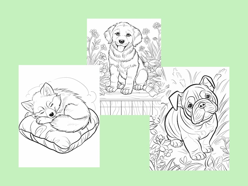 Puede incluir: Ilustraciones en blanco y negro de tres razas de perros diferentes. Un cachorro durmiendo en una almohada, un cachorro golden retriever sentado en un jard&iacute;n y un cachorro bulldog sentado en la hierba.