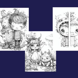 May include: Three black and white illustrations of children and monsters. The first image shows a child with a striped shirt hugging a monster with horns and scales. The second image shows a child with horns and a dress standing next to a monster with horns and scales. The third image shows a child with horns and a striped shirt standing next to a monster with horns and scales.