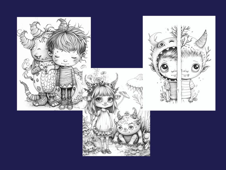 May include: Three black and white illustrations of children and monsters. The first image shows a child with a striped shirt hugging a monster with horns and scales. The second image shows a child with horns and a dress standing next to a monster with horns and scales. The third image shows a child with horns and a striped shirt standing next to a monster with horns and scales.