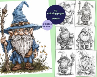 50 dwarf coloring pages, coloring book for adults and children, printable coloring pages to download