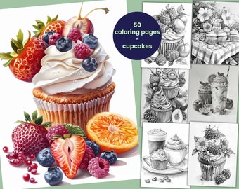 50 pages de coloriages de cupcakes, coloriage de desserts, livre de coloriage pour adultes et enfants, feuilles de coloriages imprimables