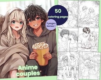 50 Anime Couples Coloring Pages, Valentine's Day Coloring Book for Adults and Kids, Printable Kawaii Coloring Sheets