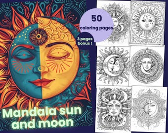 50 pages de coloriage de mandala du soleil et de la lune, livre de coloriage pour adultes et enfants, feuilles de coloriage imprimables