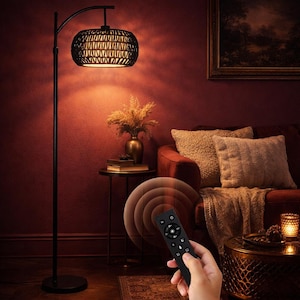 Rattan Woven Shade Arc Floor Lamp - Modern Living Room Lighting