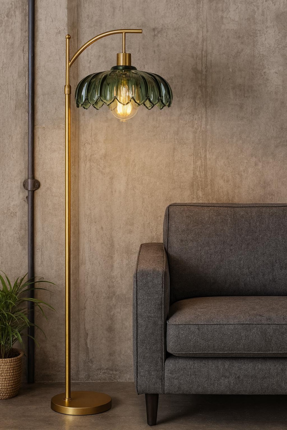 Dimmable Gold Arc Floor Lamp – Mid Century Modern Green Glass - Etsy