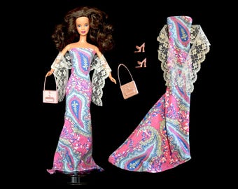Handmade Dress for Barbie Paisley Gown Wrap Shoes Purse Set for 11.5" Fashion Dolls 6371