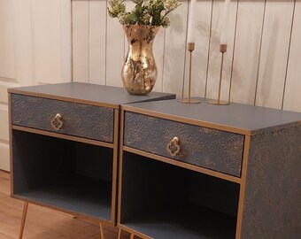 2 Nachttische Beistelltische Tische Makeover barock orientalisch blau gold upcycling nachhaltig Möbelunikat Möbelkunst