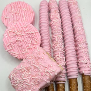 Baby Pink Party Dessert Table Treats, Baby Pink Desserts, Pink Treats, Pink Baby Shower Dessert Table Treats