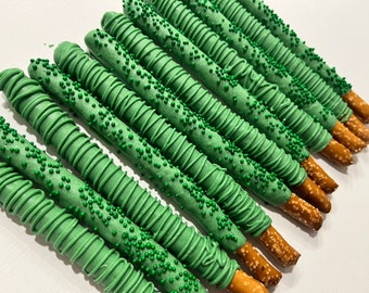Green Hand-Dipped Chocolate Covered Pretzels, Green Party Favors, Chocolate Dipped Pretzels Green, Boys Birthday Pretzels Green