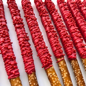 Red Chocolate Pretzels, Red Dessert Table Treats, Red Desserts, Red Wedding Treats, Red Shower Desserts, Red Party Favors