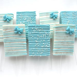 Blue and White Bow Chocolate Rice Krispies, Bow Dessert Table Treats, Bow Baby Shower Treats, Blue and White Desserts, Custom Treats