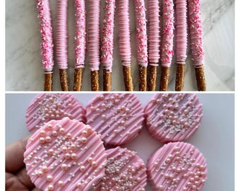 24 TREATS - Light Pink Chocolate Oreos, Pink and White Chocolate Oreos, Dessert Table Treats, Baby Shower Desserts, Dessert Party Package