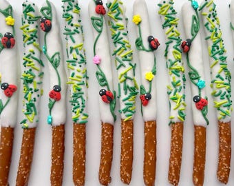 May include: Pretzel sticks dipped in white chocolate, decorated with green sprinkles, ladybugs, and flowers. The ladybugs are red and black. The pretzel sticks are arranged in a row. The flowers are yellow and pink.