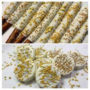 24 TREATS White and Gold Chocolate Dipped Oreos, New Years Eve Dessert Table Treats, Wedding Shower Desserts, Treat Party Package