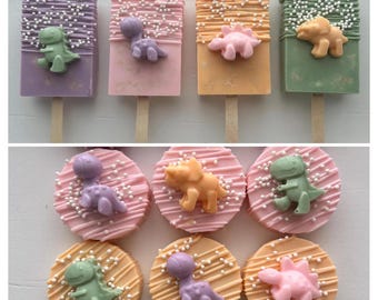24 TREATS - Pastel Dinosaur Chocolate Treat Party Package, Dino Birthday Party Treats, Dinosaur Desserts, Dinosaur Birthday Favors,