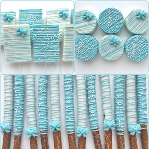 12 of each - Blue Bow Dessert Table Treats, Bow Dessert Table Treats, Bow Baby Shower Treats, Blue and White Desserts, Custom Treats