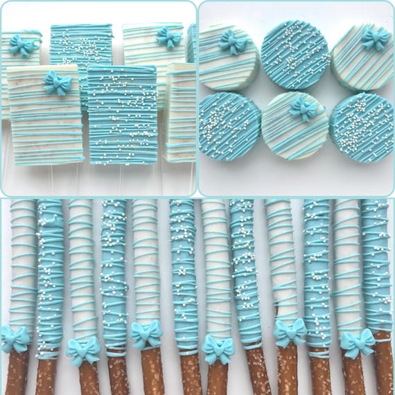 36 TREATS - Blue Bow Dessert Table Treats, Bow Dessert Table Treats, Bow Baby Shower Treats, Blue and White Desserts, Custom Treats